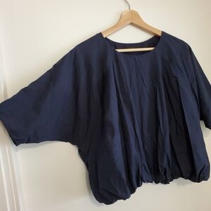 Cos 34 XS Bubble Hem Top Oversized Navy Blue Wide Arm Poof Shirt Cotton Office